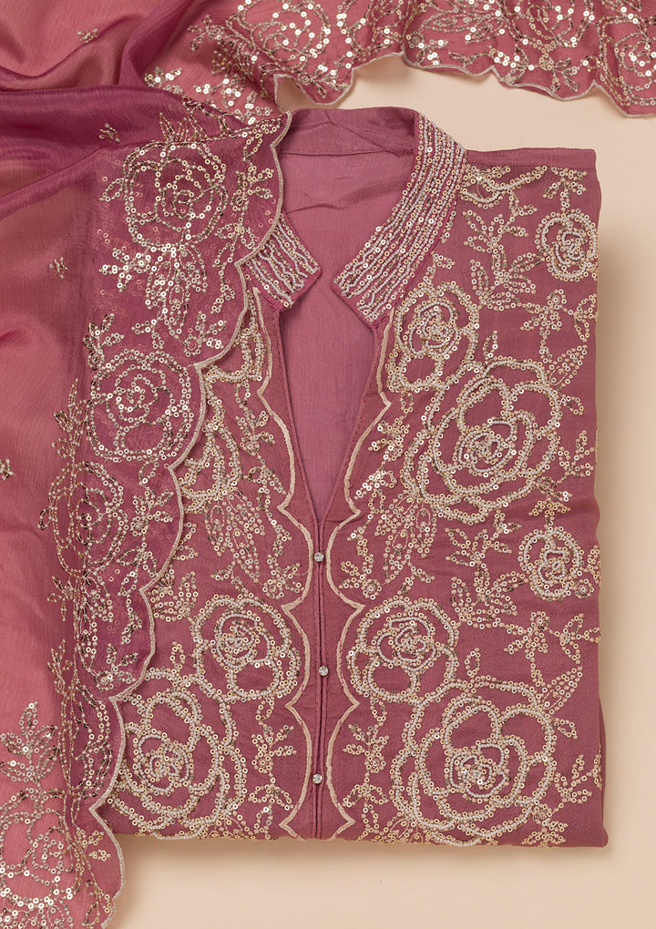 Onion Pink Sequins Semi Crepe Unstitched Salwar Suit