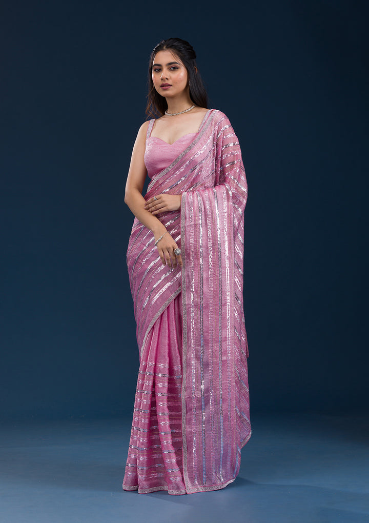 Onion Pink Sequins Semi Crepe Saree