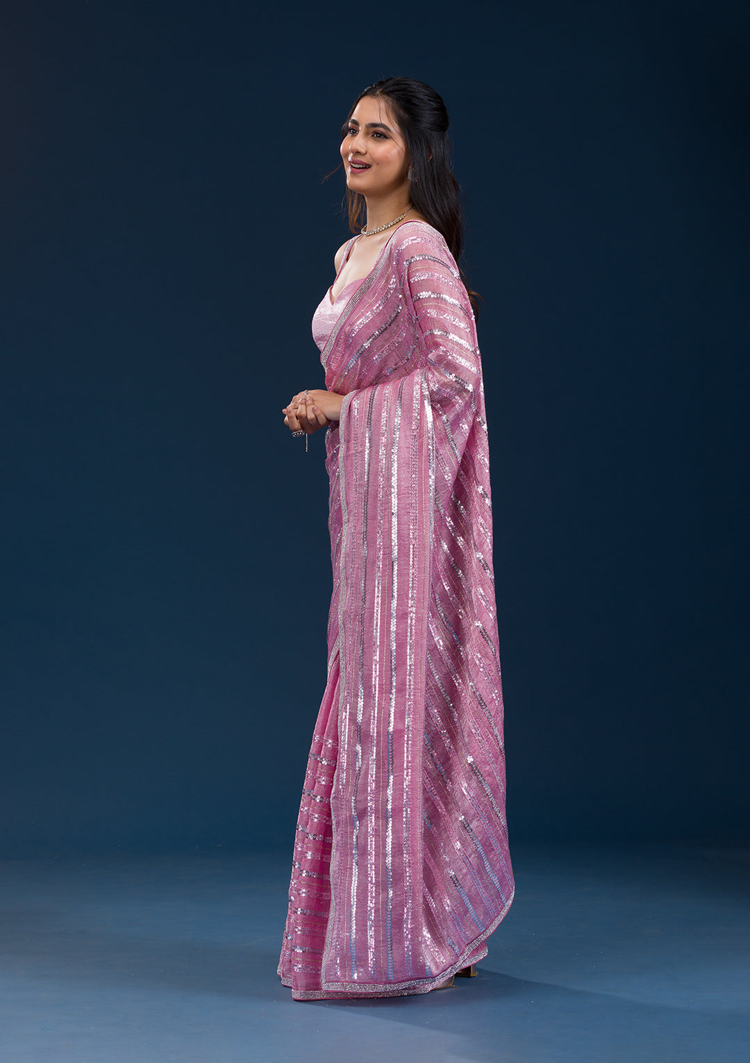 Onion Pink Sequins Semi Crepe Saree