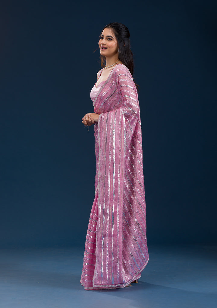 Onion Pink Sequins Semi Crepe Saree