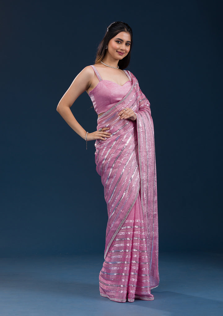 Onion Pink Sequins Semi Crepe Saree