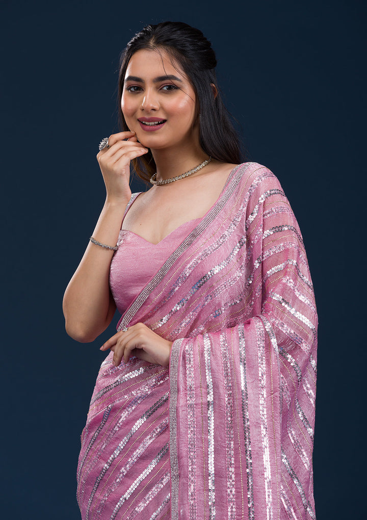 Onion Pink Sequins Semi Crepe Saree