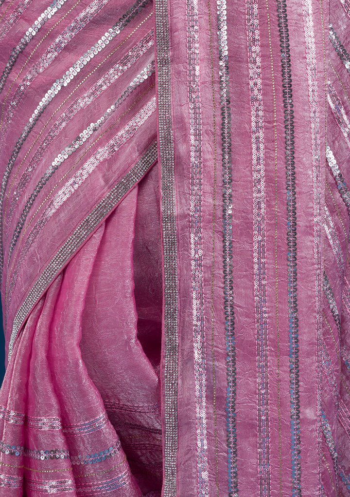 Onion Pink Sequins Semi Crepe Saree
