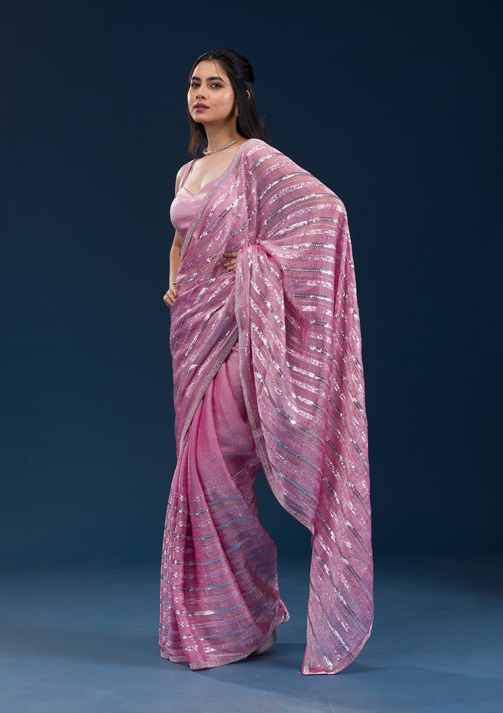 Onion Pink Sequins Semi Crepe Saree
