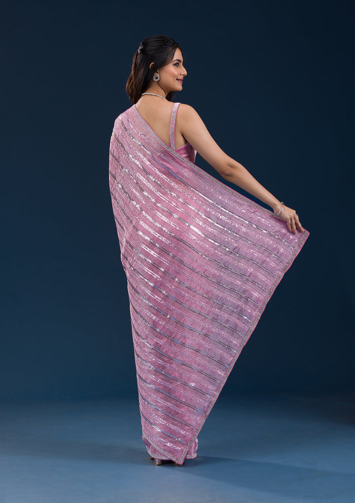 Onion Pink Sequins Semi Crepe Saree