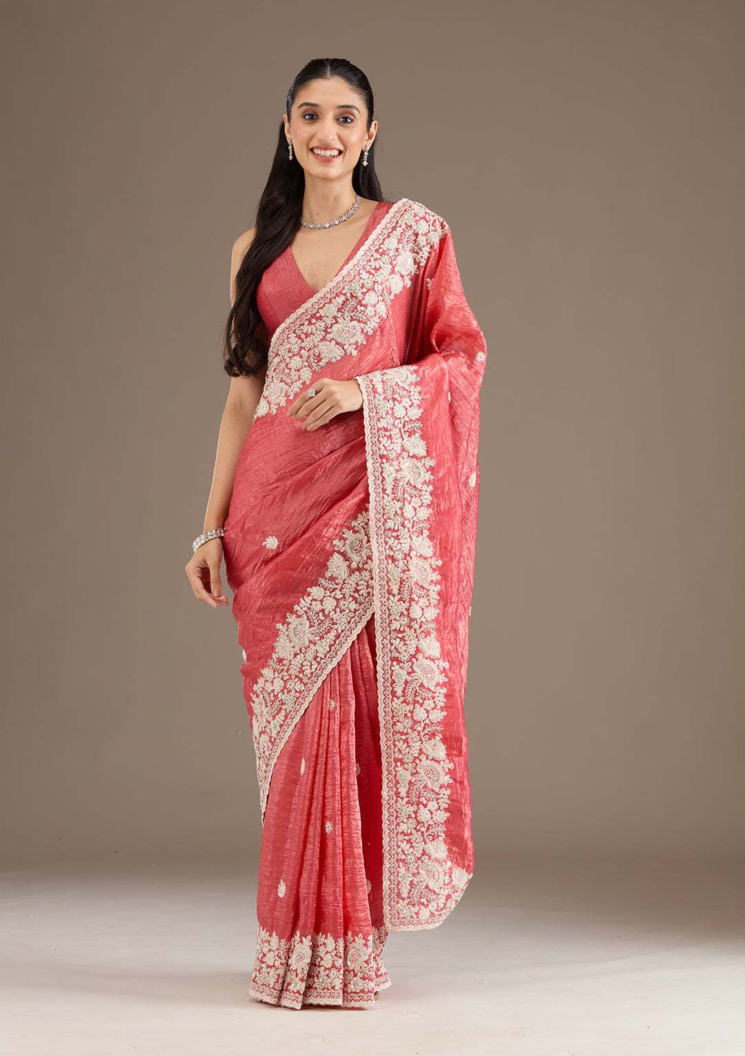 Onion Pink Sequins Tissue Saree