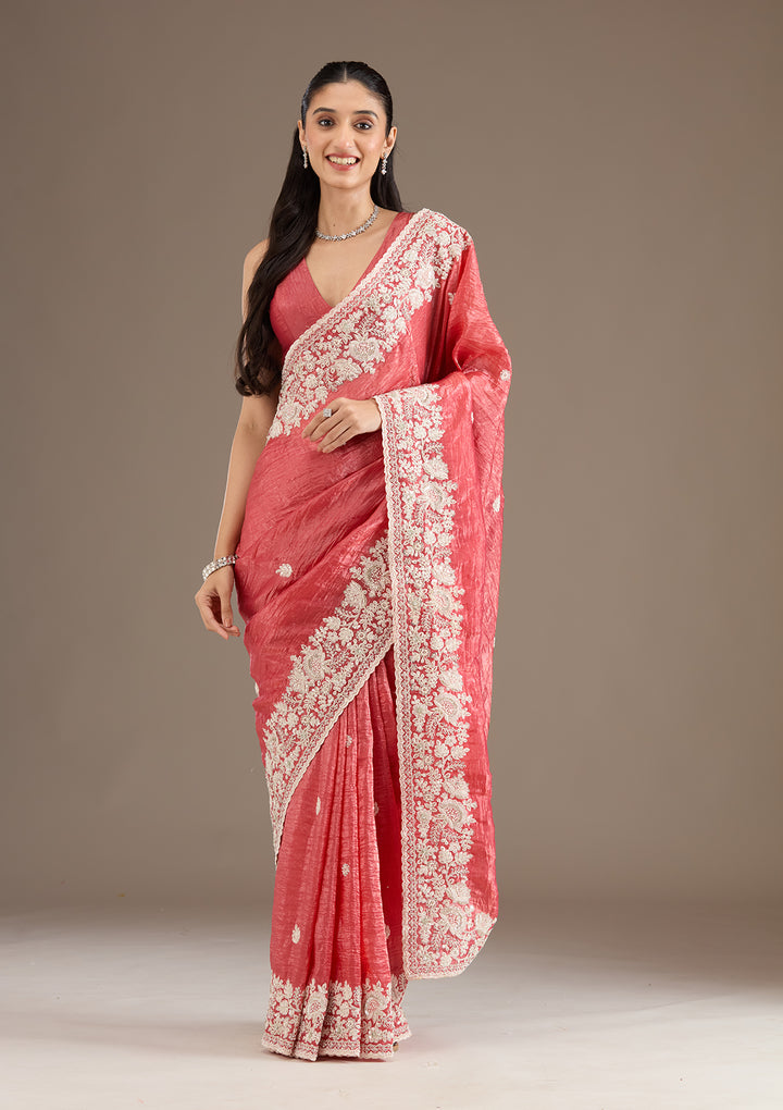 Onion Pink Sequins Tissue Saree
