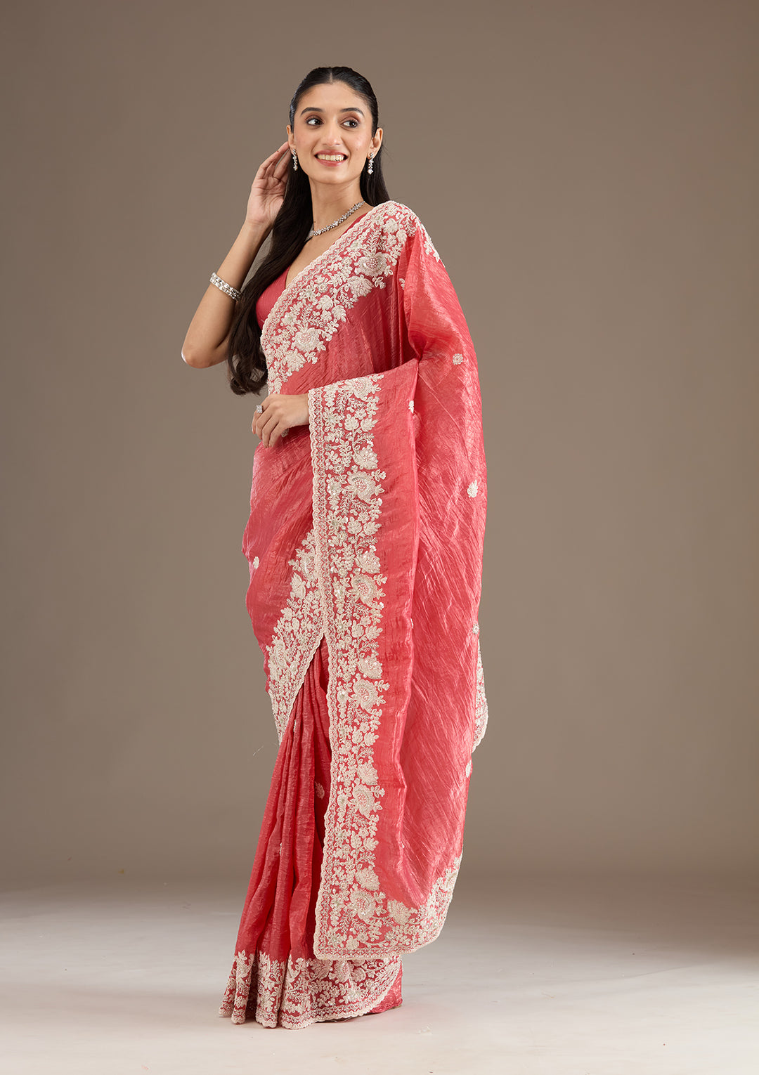 Onion Pink Sequins Tissue Saree
