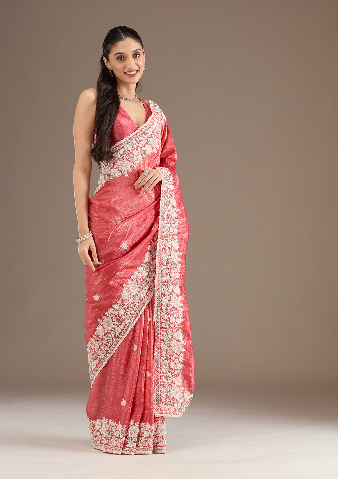 Onion Pink Sequins Tissue Saree