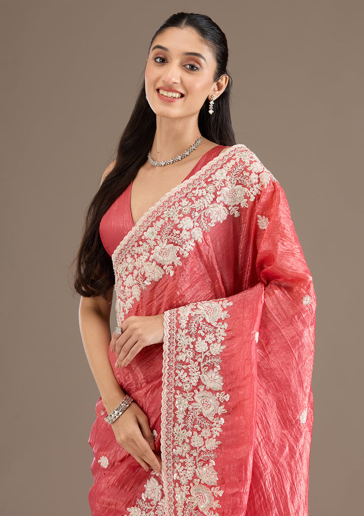 Onion Pink Sequins Tissue Saree