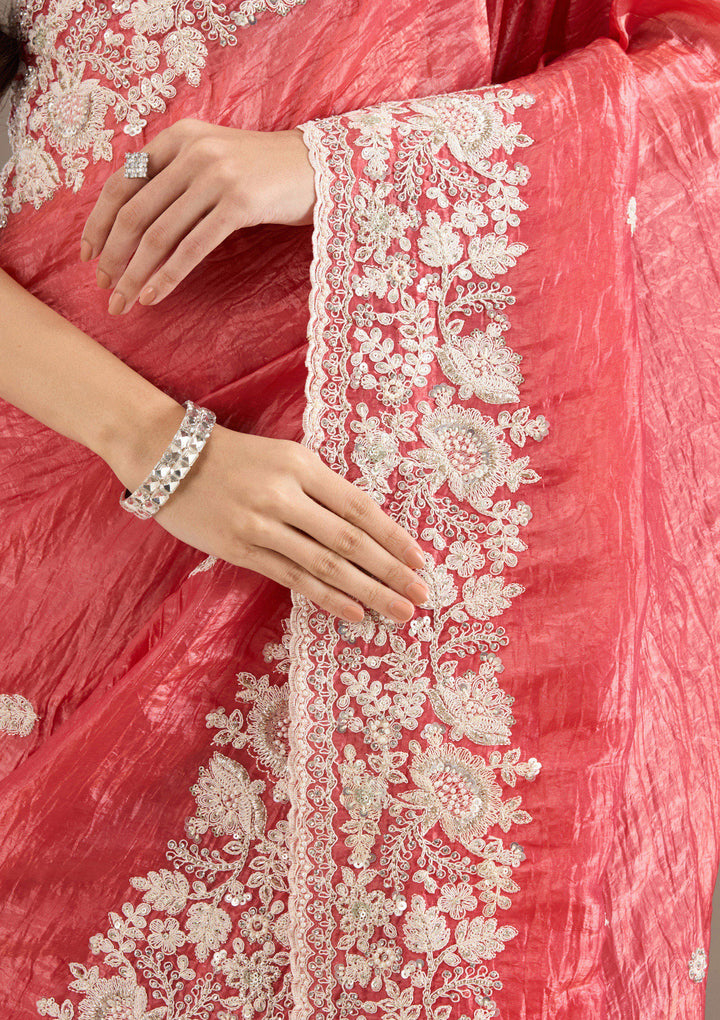 Onion Pink Sequins Tissue Saree