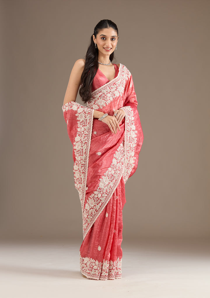 Onion Pink Sequins Tissue Saree