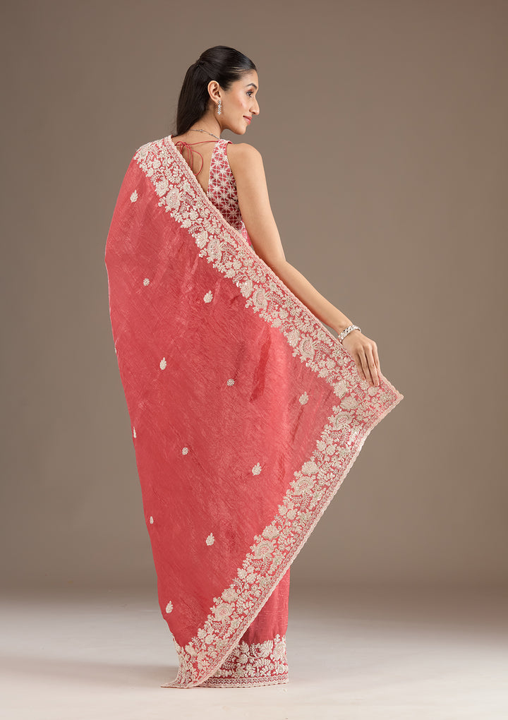 Onion Pink Sequins Tissue Saree