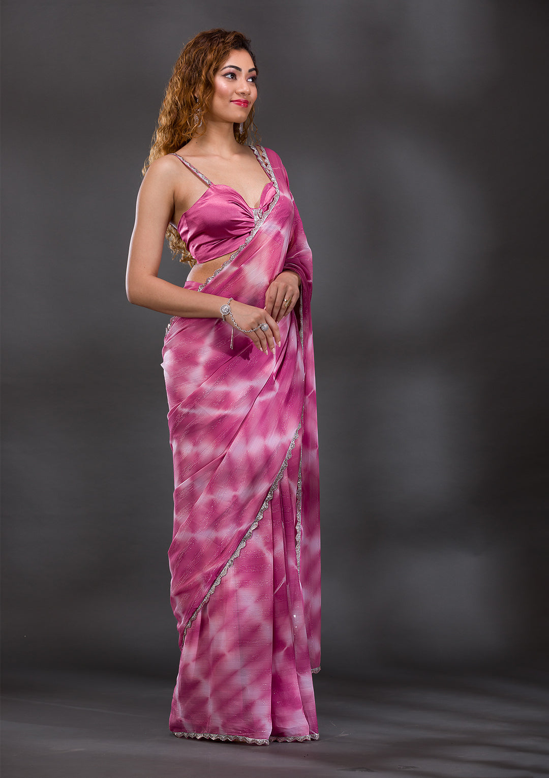 Onion Pink Stonework Shimmer Georgette Saree