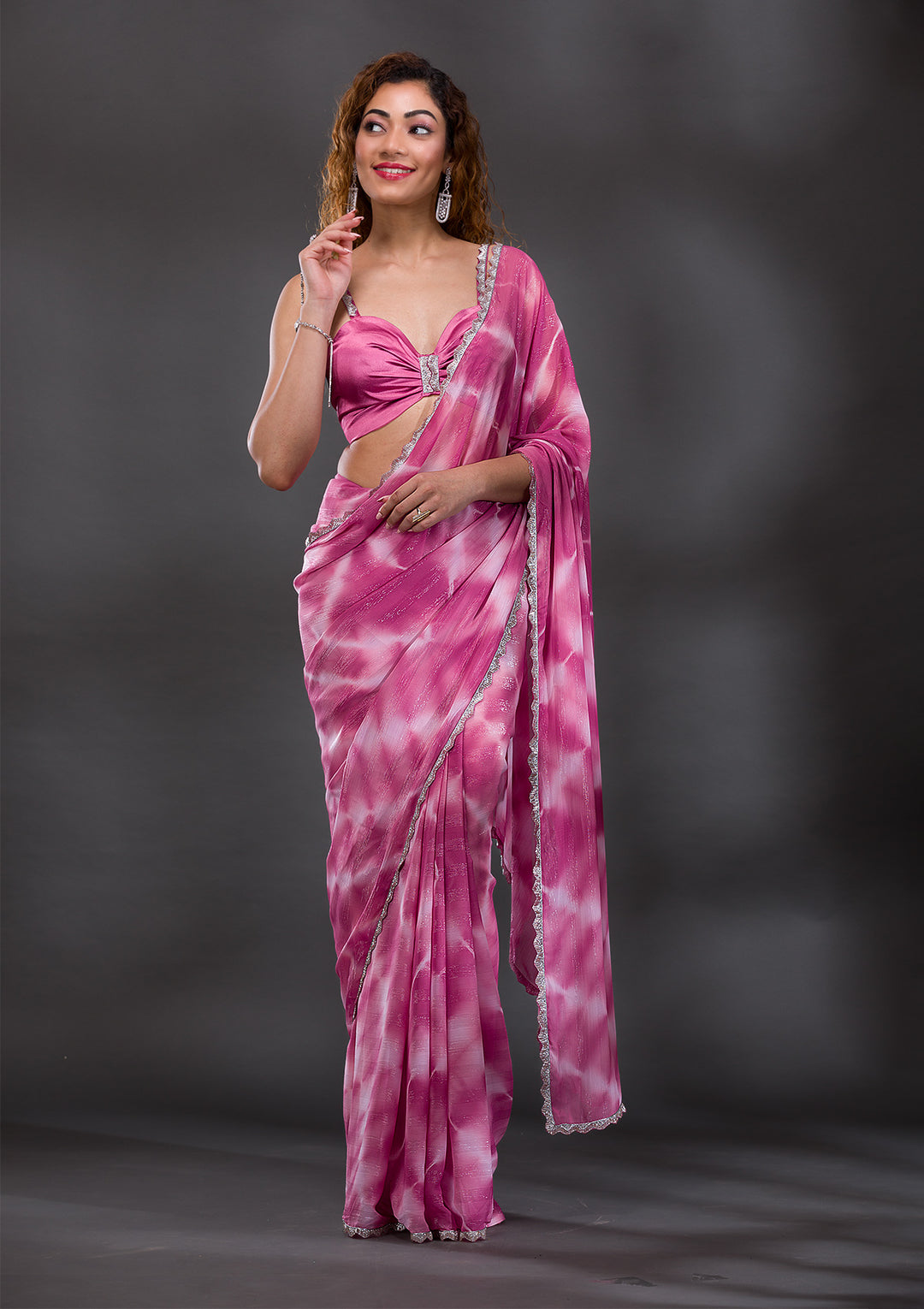 Onion Pink Stonework Shimmer Georgette Saree