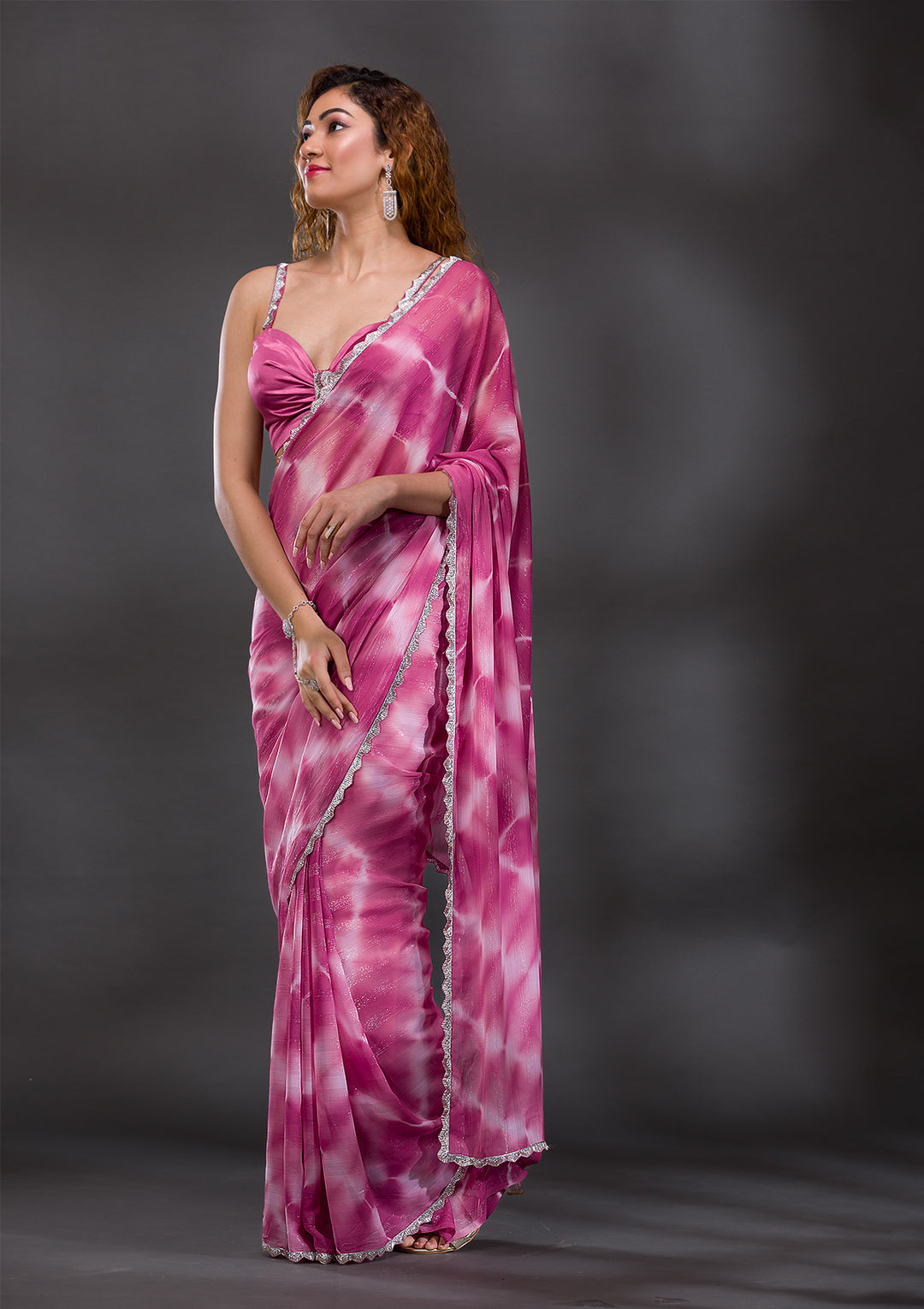 Onion Pink Stonework Shimmer Georgette Saree