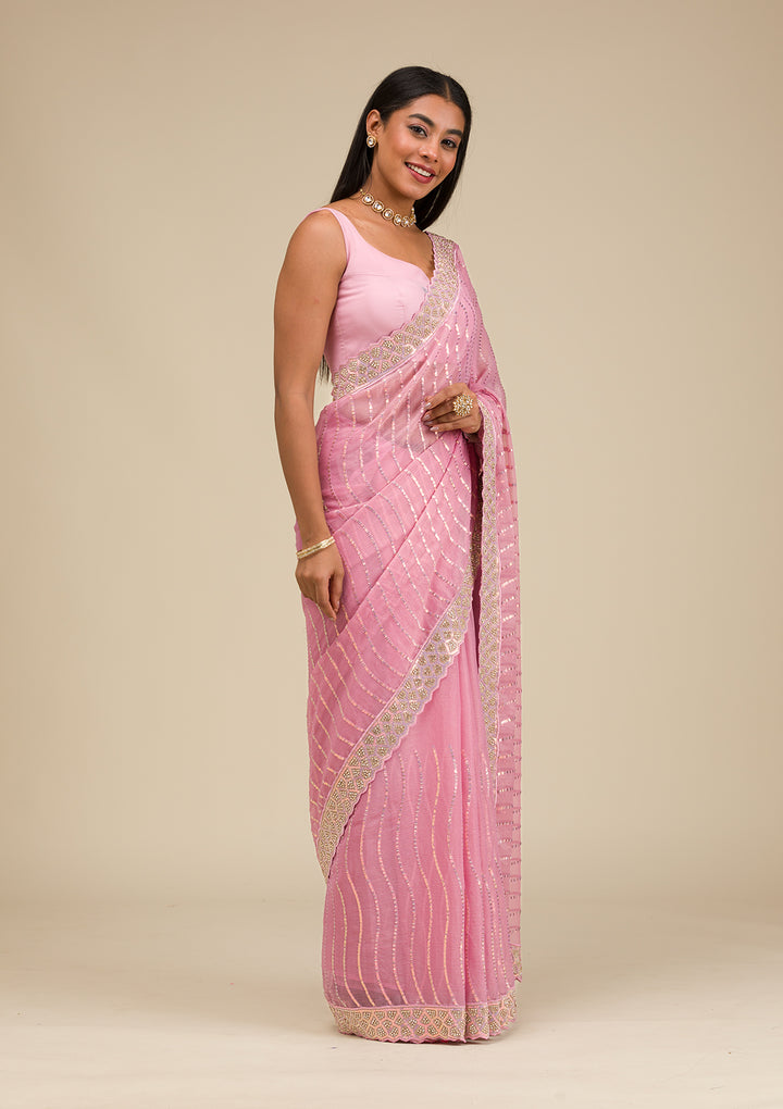 Onion Pink Stonework Chiffon Saree