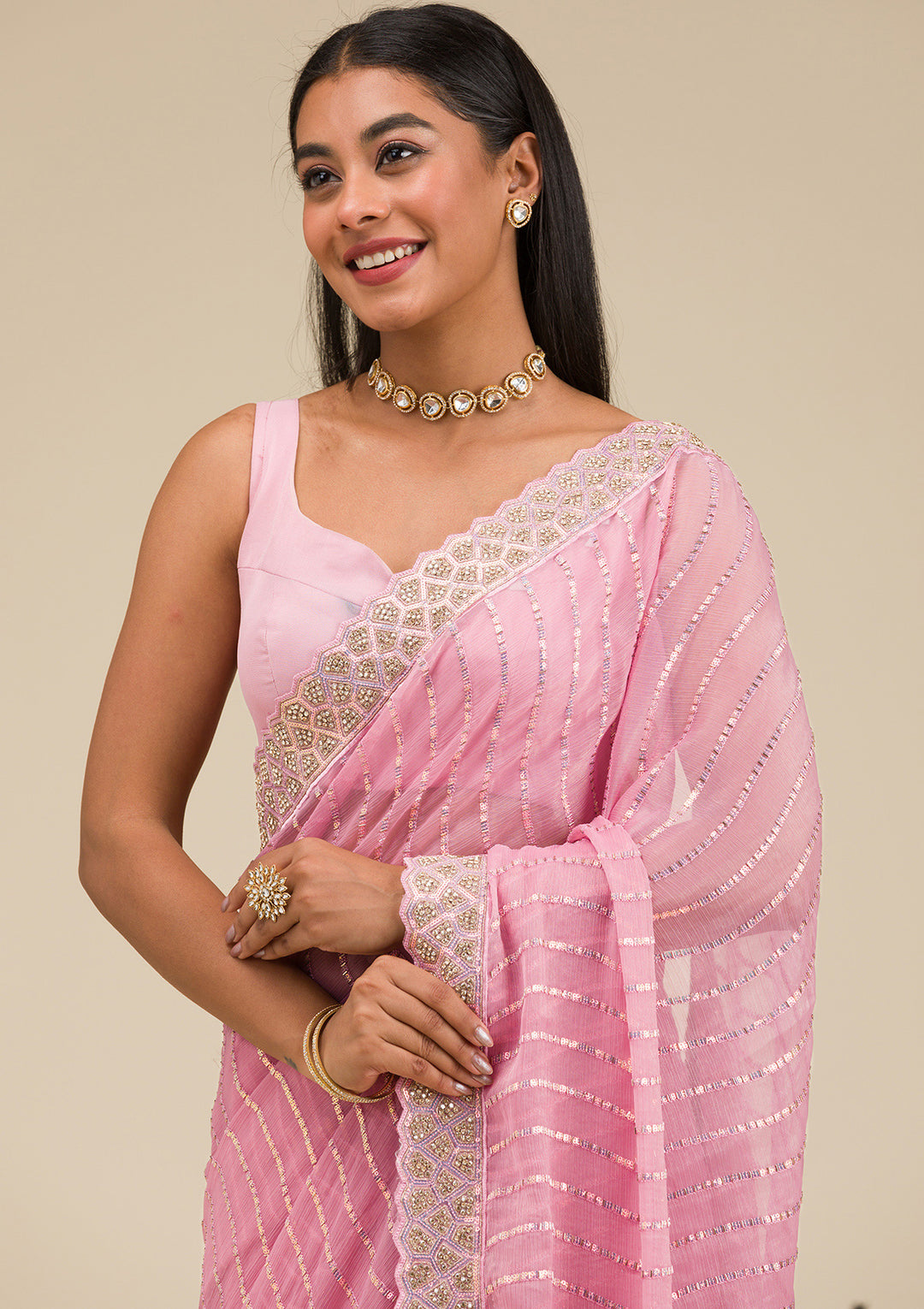 Onion Pink Stonework Chiffon Saree