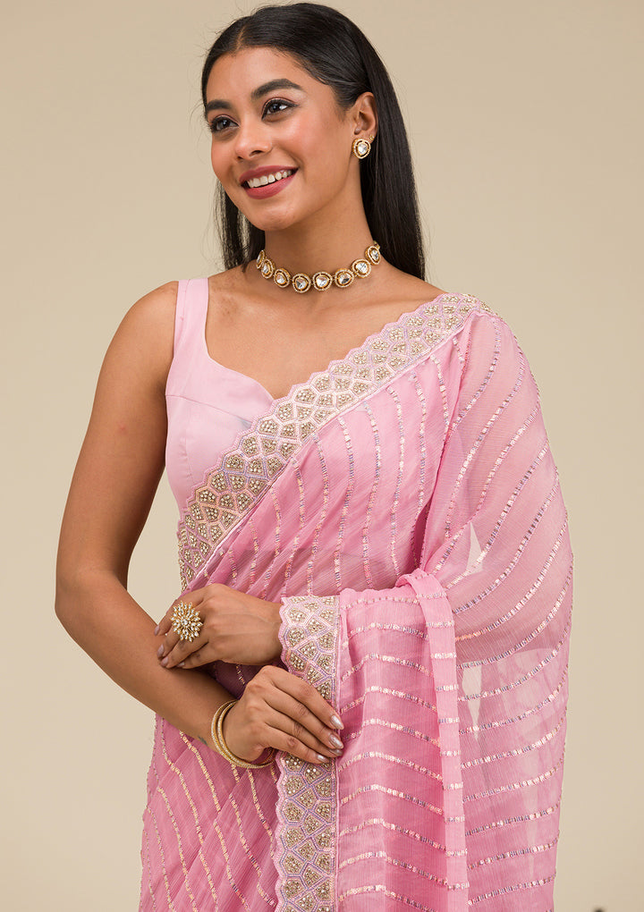 Onion Pink Stonework Chiffon Saree
