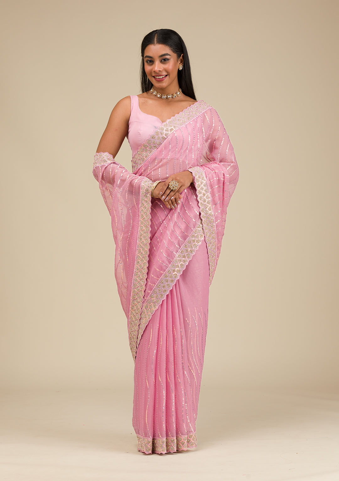 Onion Pink Stonework Chiffon Saree