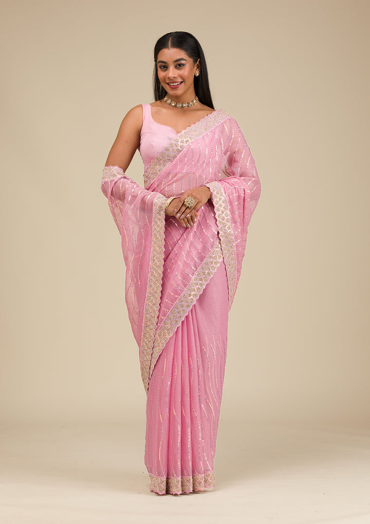Onion Pink Stonework Chiffon Saree