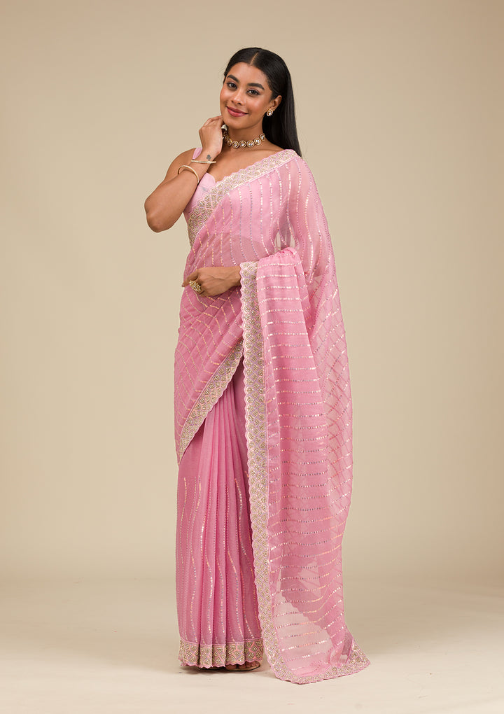 Onion Pink Stonework Chiffon Saree