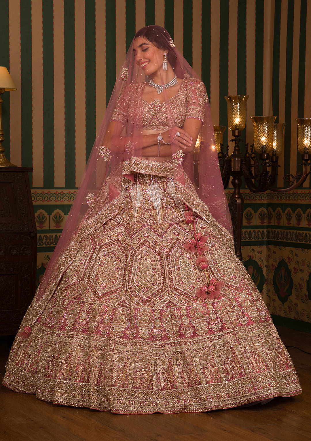 Onion Pink Stonework Net Readymade Lehenga
