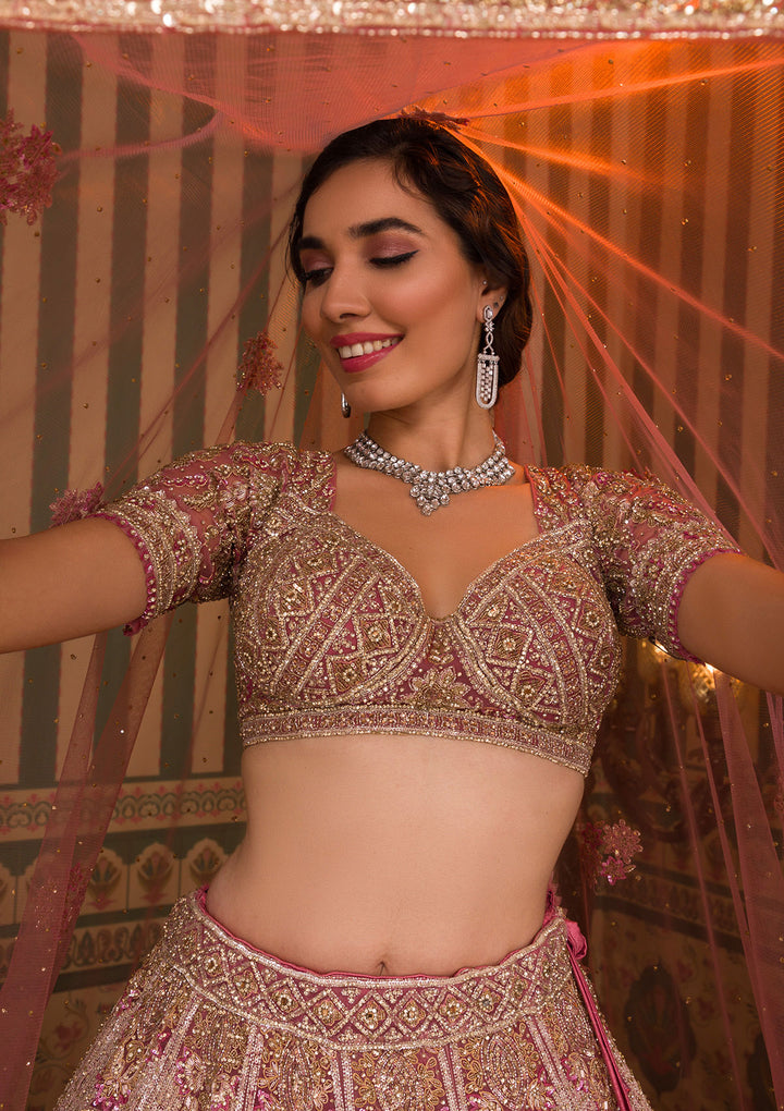 Onion Pink Stonework Net Readymade Lehenga