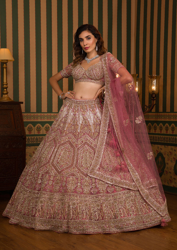 Onion Pink Stonework Net Readymade Lehenga