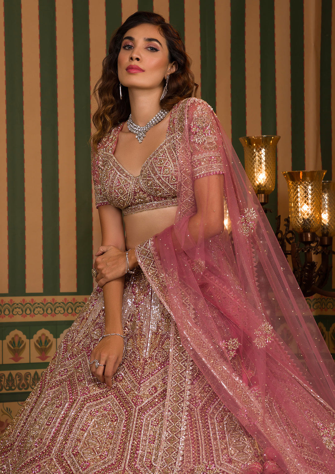 Onion Pink Stonework Net Readymade Lehenga