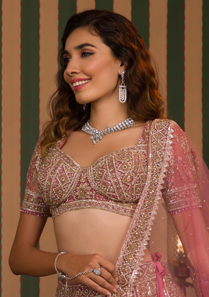 Onion Pink Stonework Net Readymade Lehenga