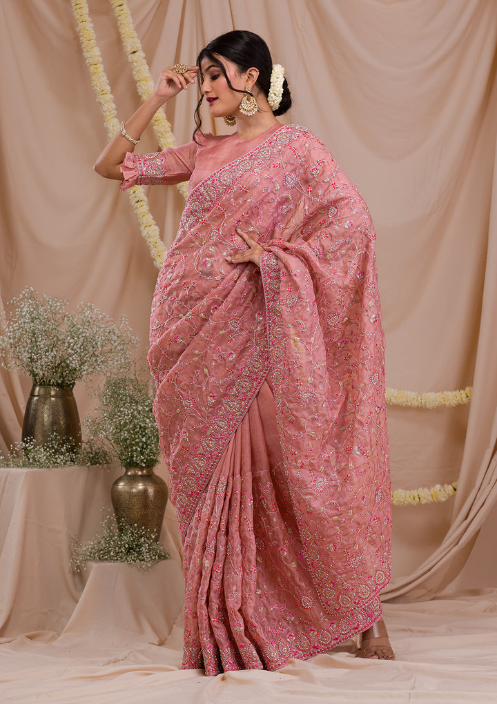 Onion Pink Stonework Net Saree-Koskii
