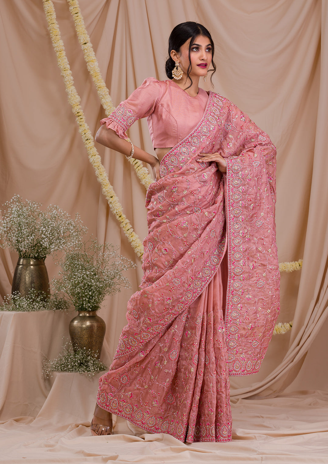 Onion Pink Stonework Net Saree