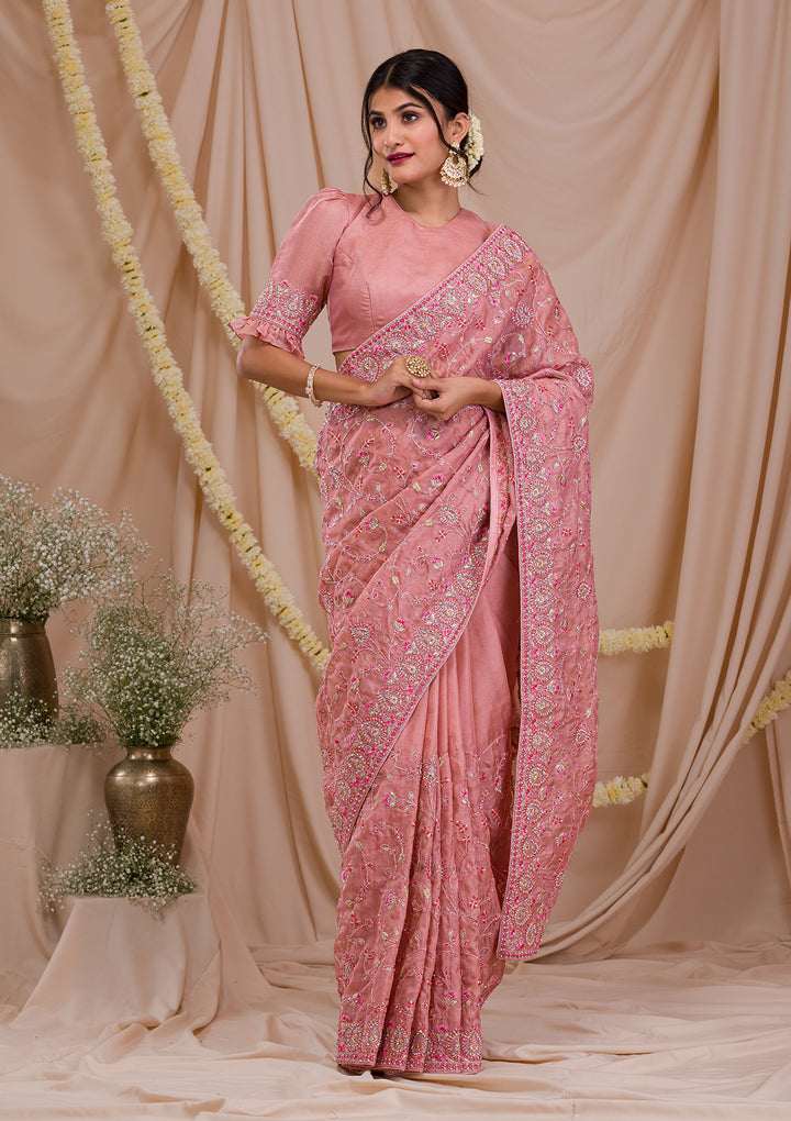 Onion Pink Stonework Net Saree