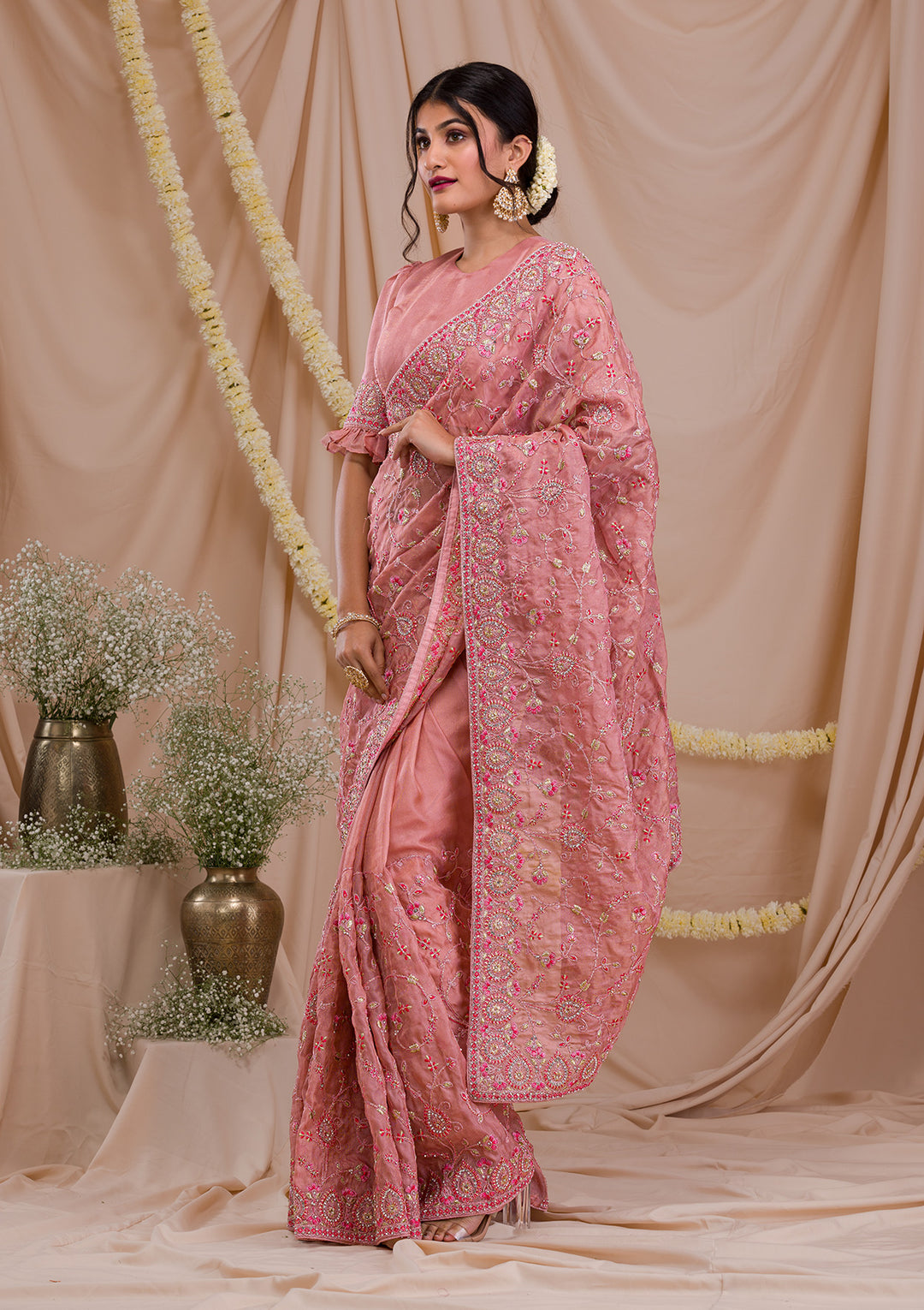 Onion Pink Stonework Net Saree