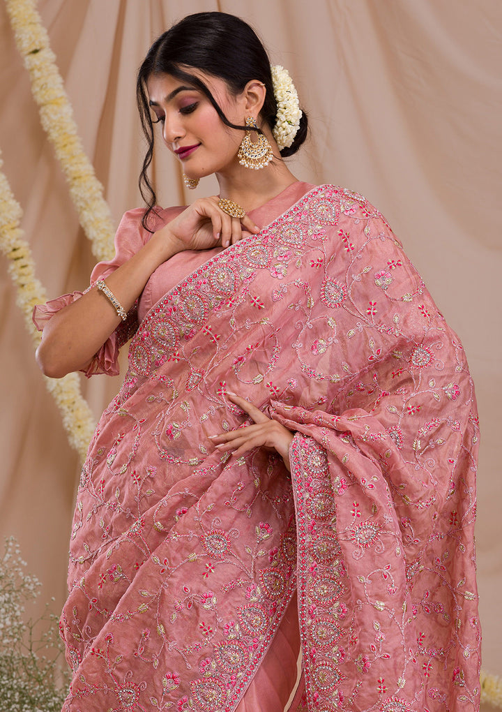 Onion Pink Stonework Net Saree