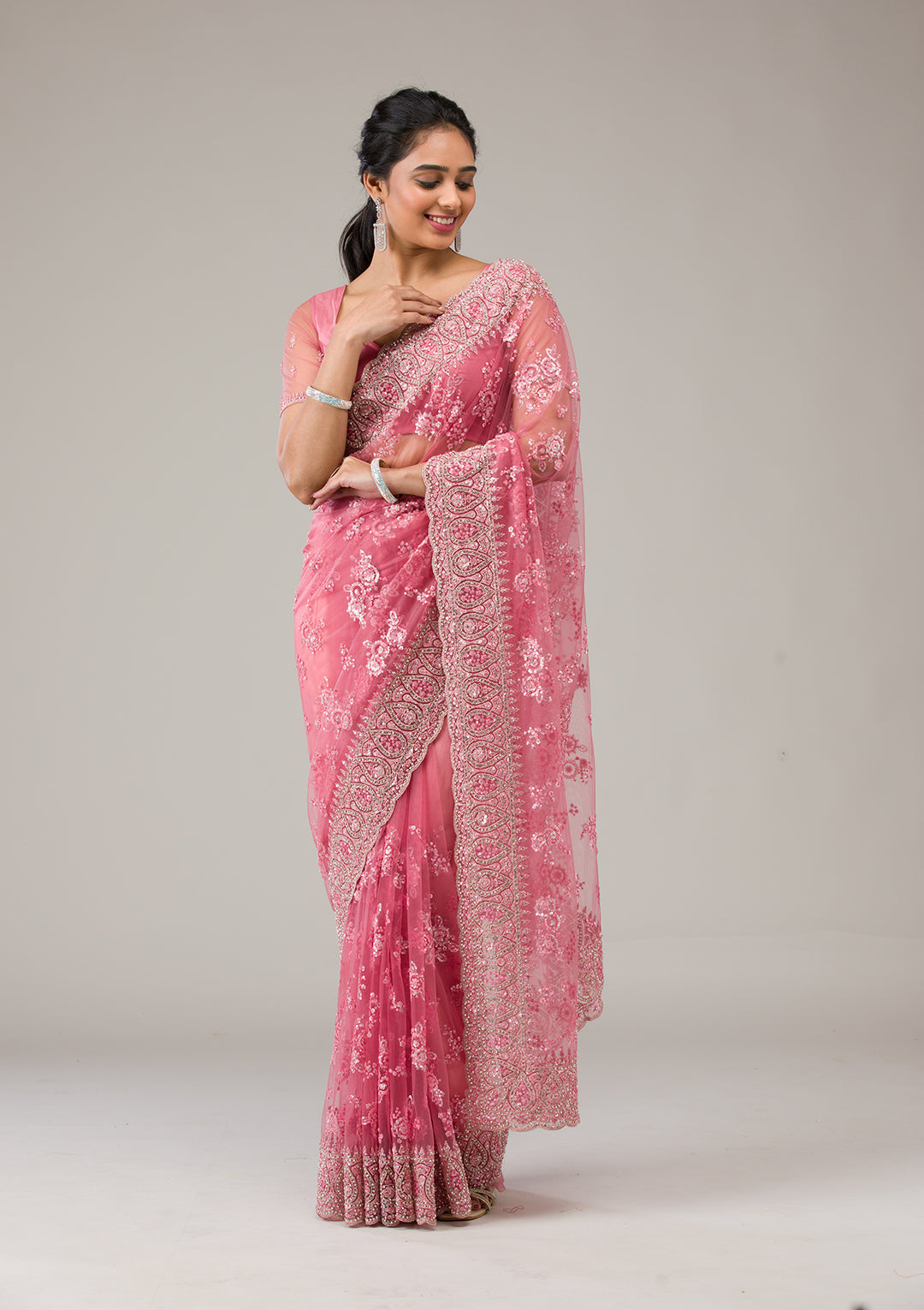 Onion Pink Stonework Net Saree