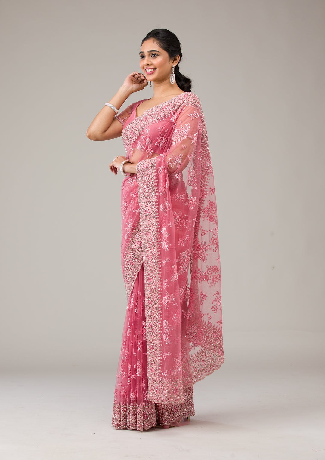 Onion Pink Stonework Net Saree