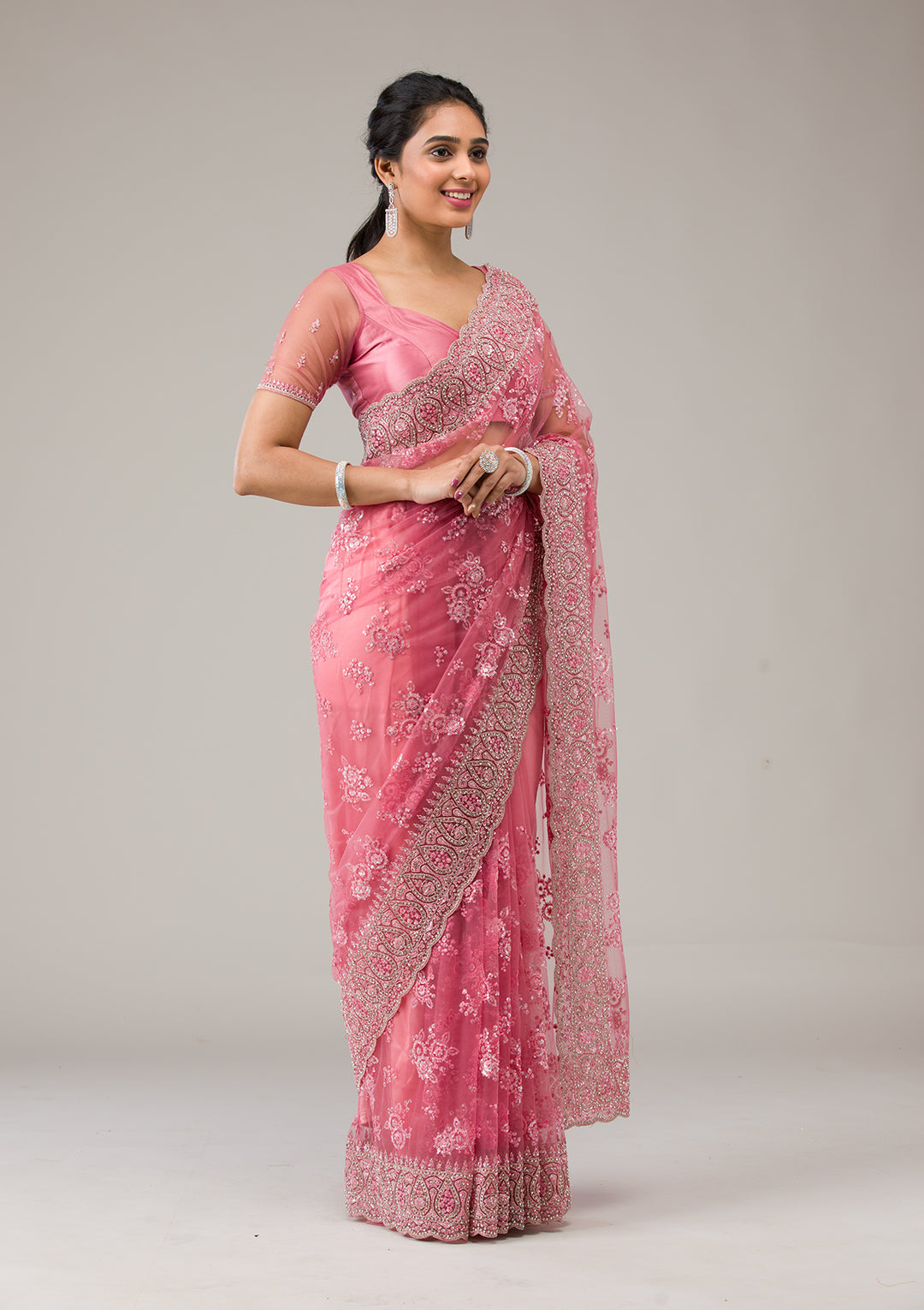 Onion Pink Stonework Net Saree