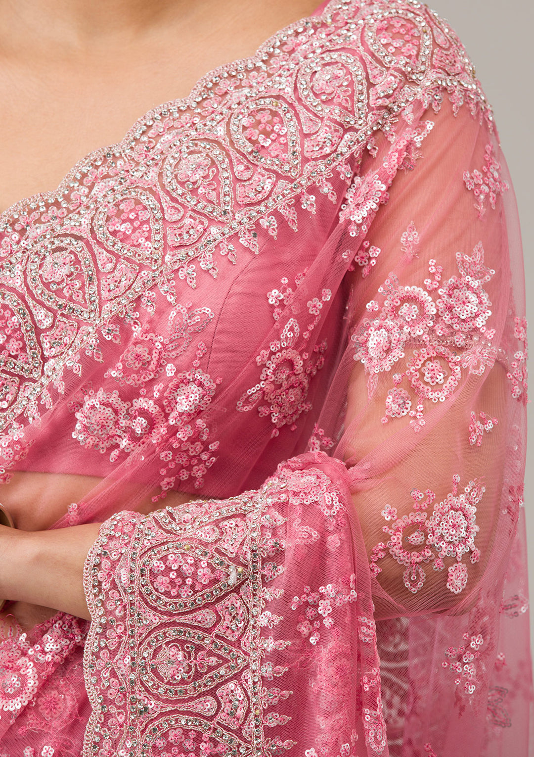 Onion Pink Stonework Net Saree