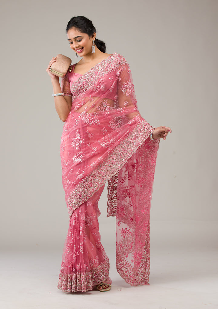 Onion Pink Stonework Net Saree