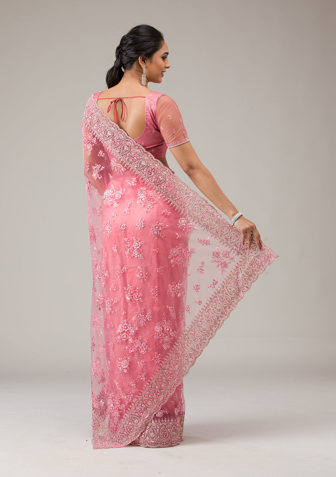 Onion Pink Stonework Net Saree