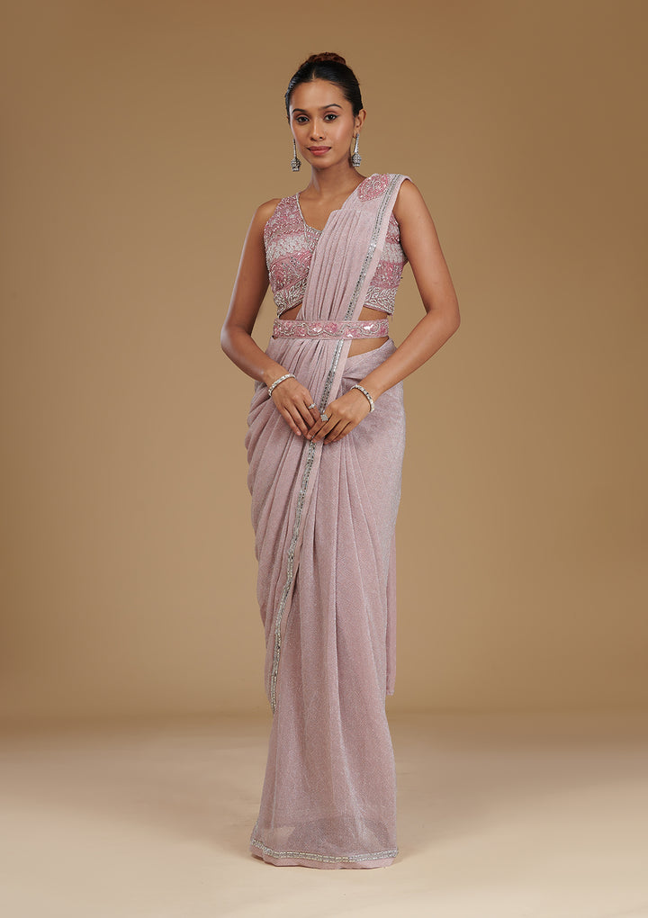Onion Pink Stonework Satin Readymade Saree
