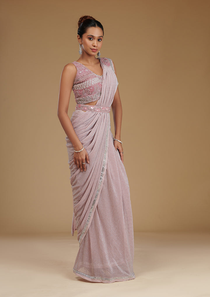 Onion Pink Stonework Satin Readymade Saree