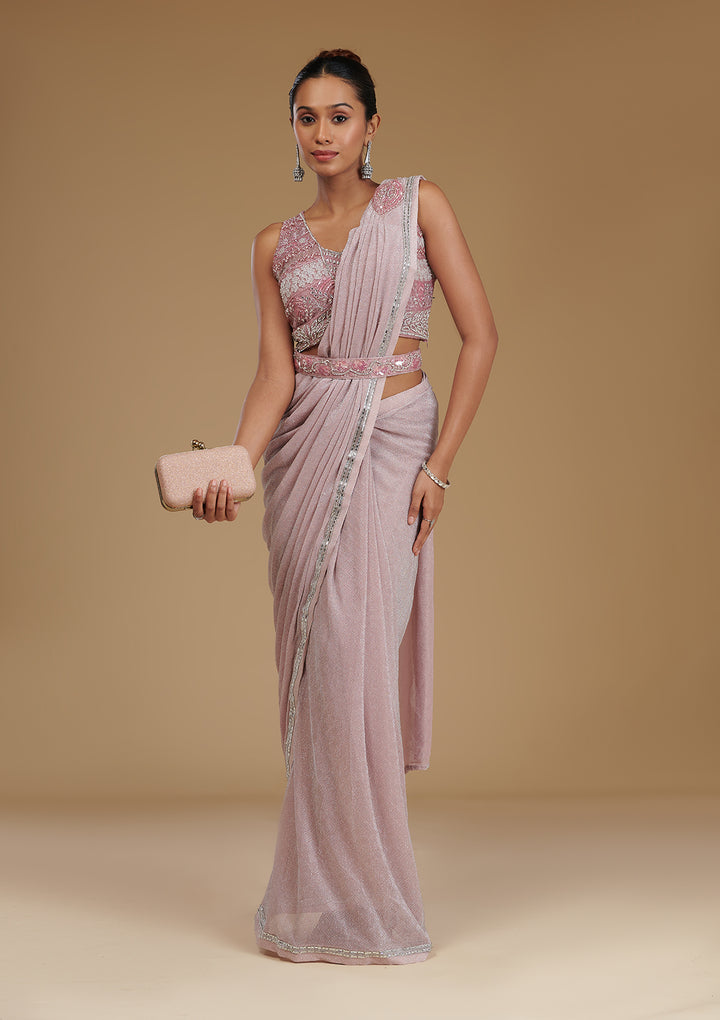 Onion Pink Stonework Satin Readymade Saree