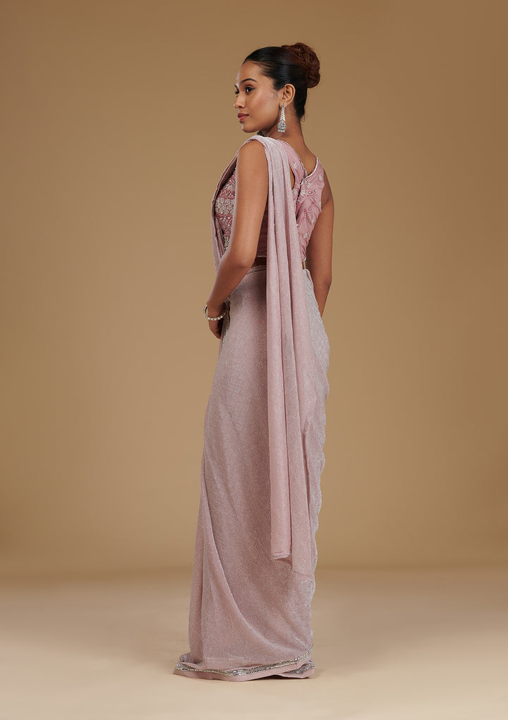 Onion Pink Stonework Satin Readymade Saree