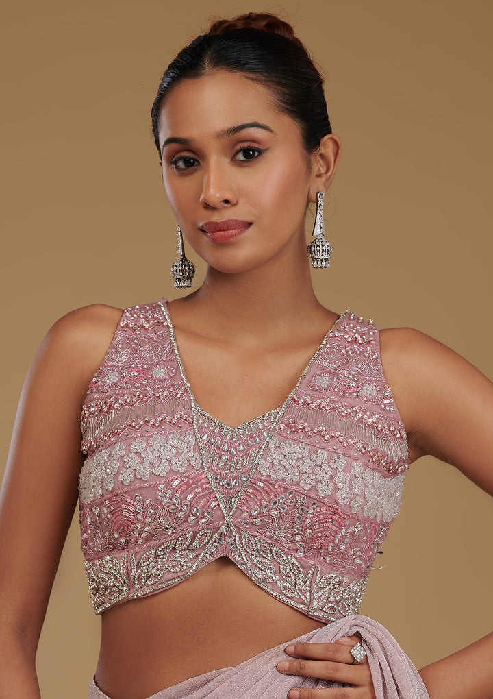 Onion Pink Stonework Satin Readymade Saree