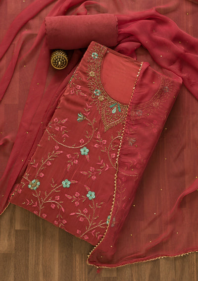 Onion Pink Stonework Semi Crepe Unstitched Salwar Suit-Koskii