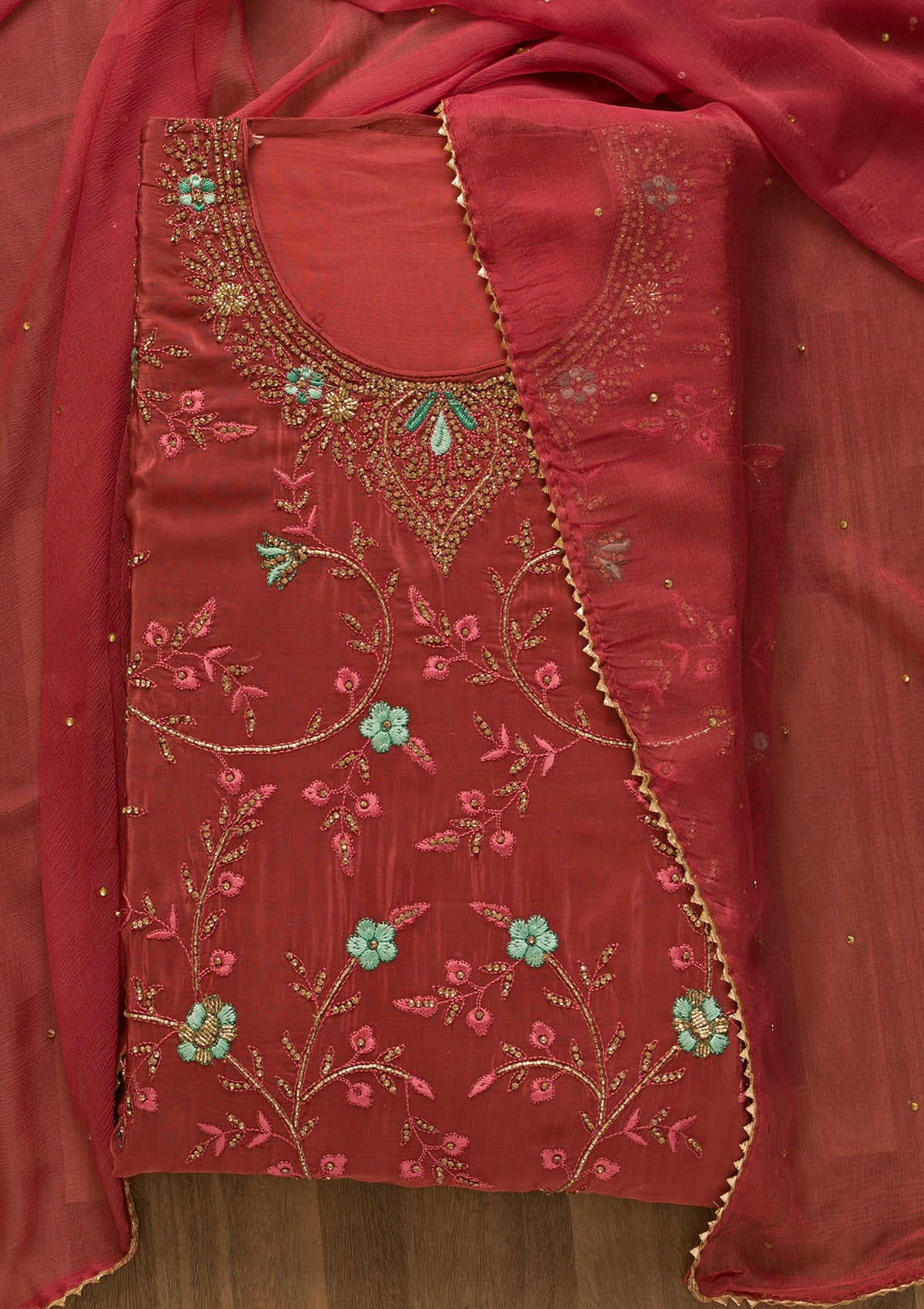 Onion Pink Stonework Semi Crepe Unstitched Salwar Suit-Koskii