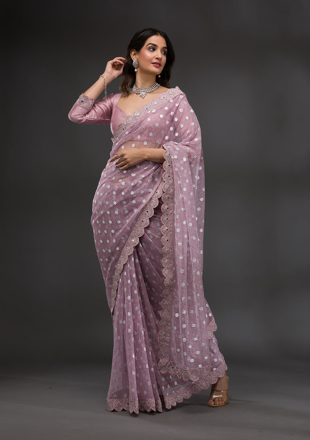 Onion Pink Stonework Shimmer Georgette Saree
